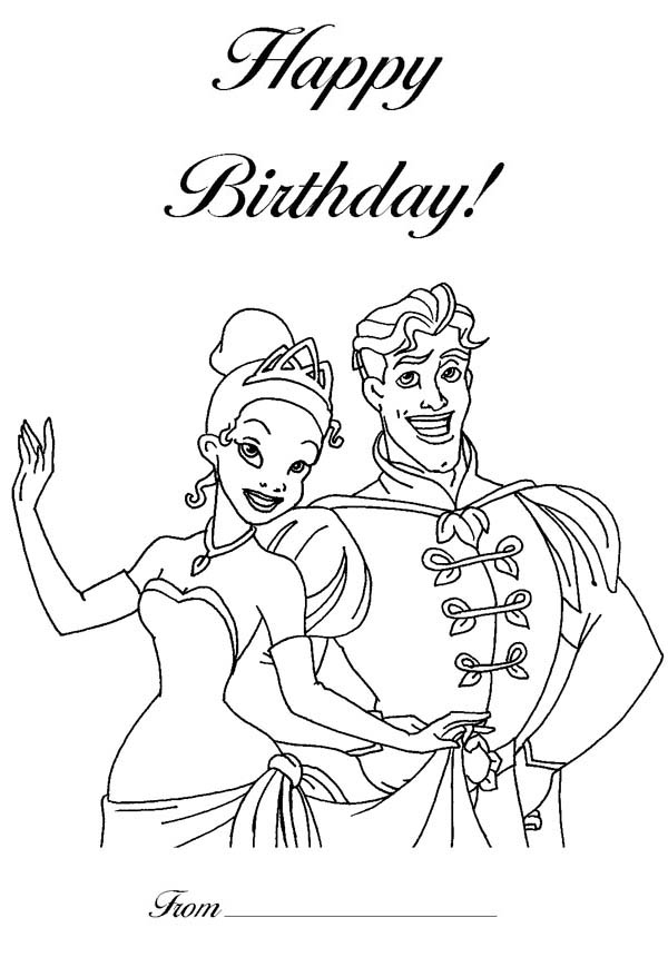 Happy birthday coloring page prince charming and beautiful princess