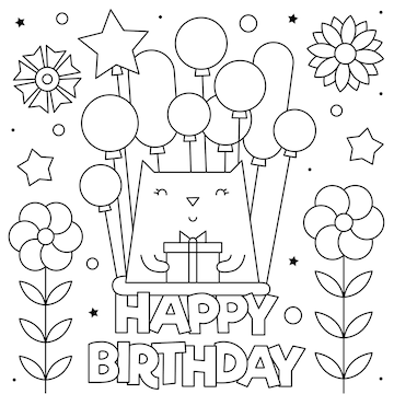 Premium vector happy birthday coloring page black and white a cat with balloons