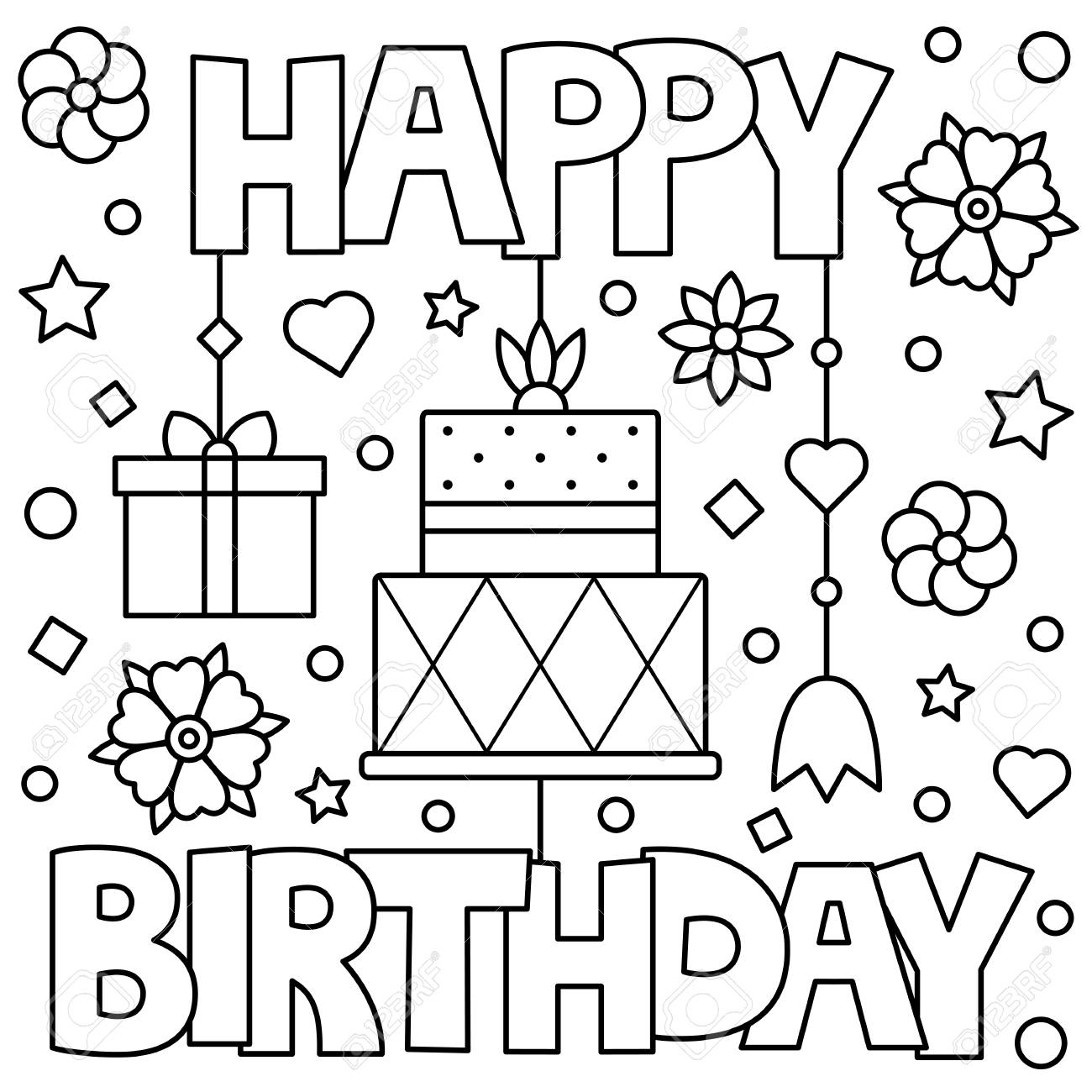 Happy birthday coloring page vector illustration royalty free svg cliparts vectors and stock illustration image