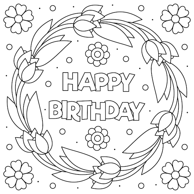 Premium vector happy birthday coloring page black and white a fox