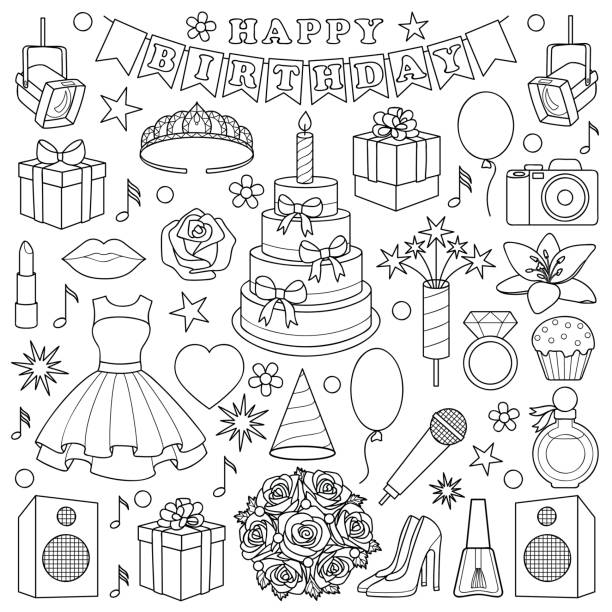 Girl birhtday doodle set stock illustration