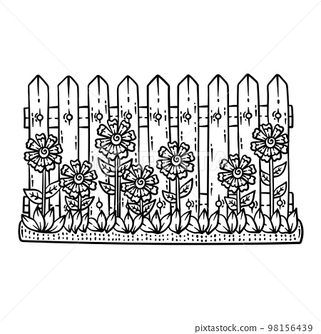 Fence with flower spring coloring page for adults