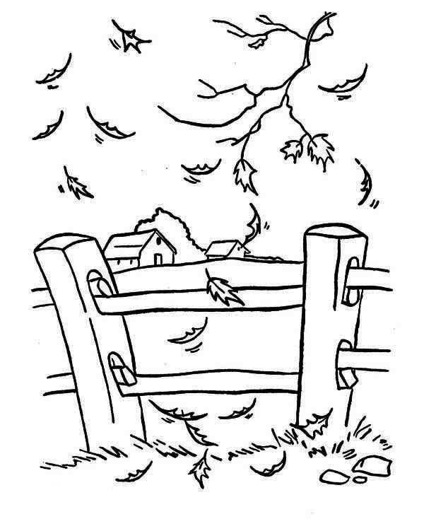 Fall leaf near yard fence coloring page fall coloring pages coloring pages online coloring pages