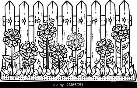 Fence with flower spring coloring page for adults stock vector image art