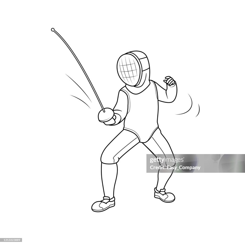 Vector illustration of athlete in fencing outfit with mask and sword isolated on white background kids coloring page drawing art first word flash card color cartoon character clipart high