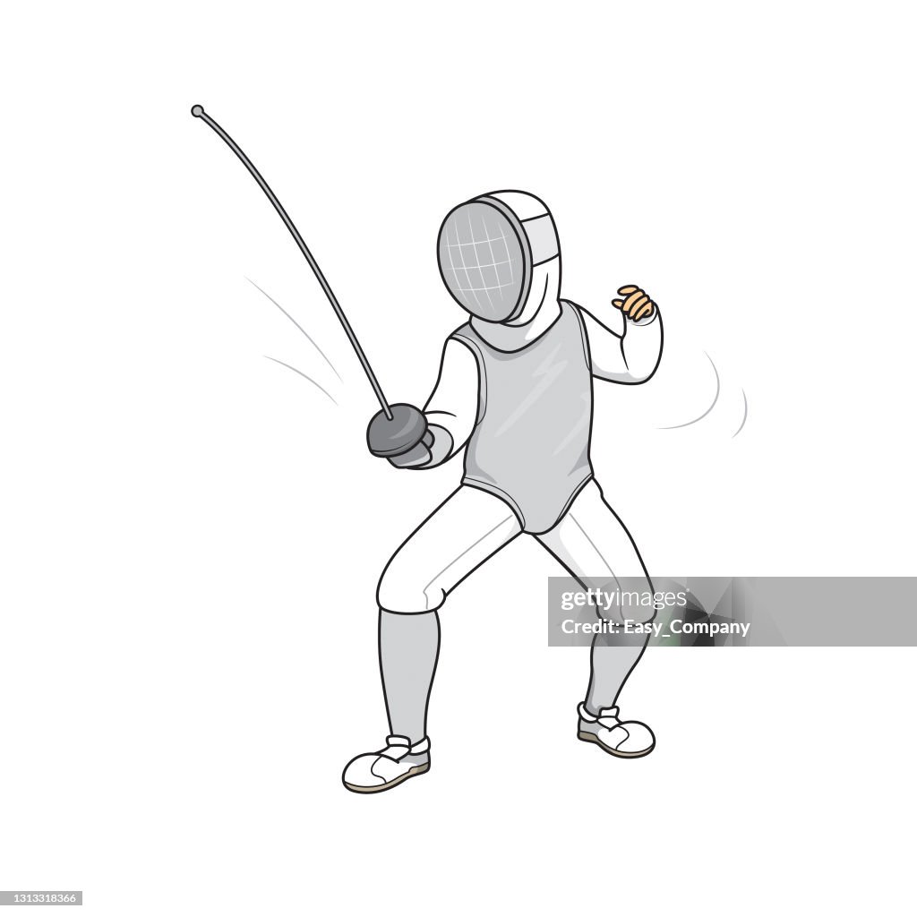 Vector illustration of athlete in fencing outfit with mask and sword isolated on white background kids coloring page drawing art first word flash card color cartoon character clipart high