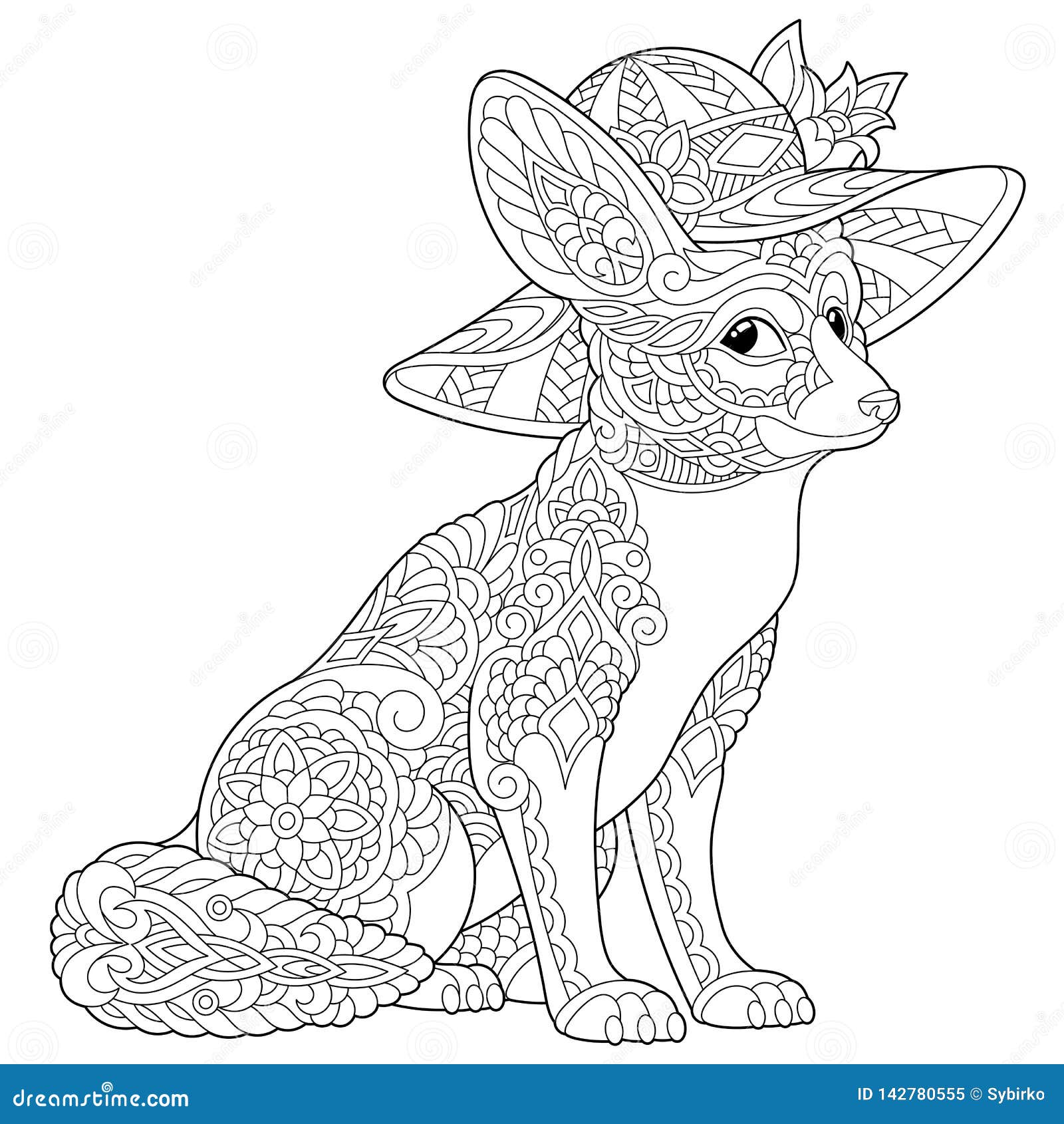 Zentangle fennec fox coloring page stock vector