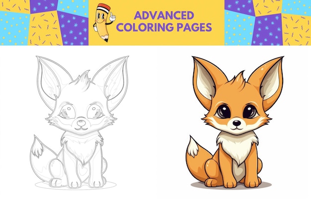 Premium ai image fennec fox coloring page with colored example for kids coloring book