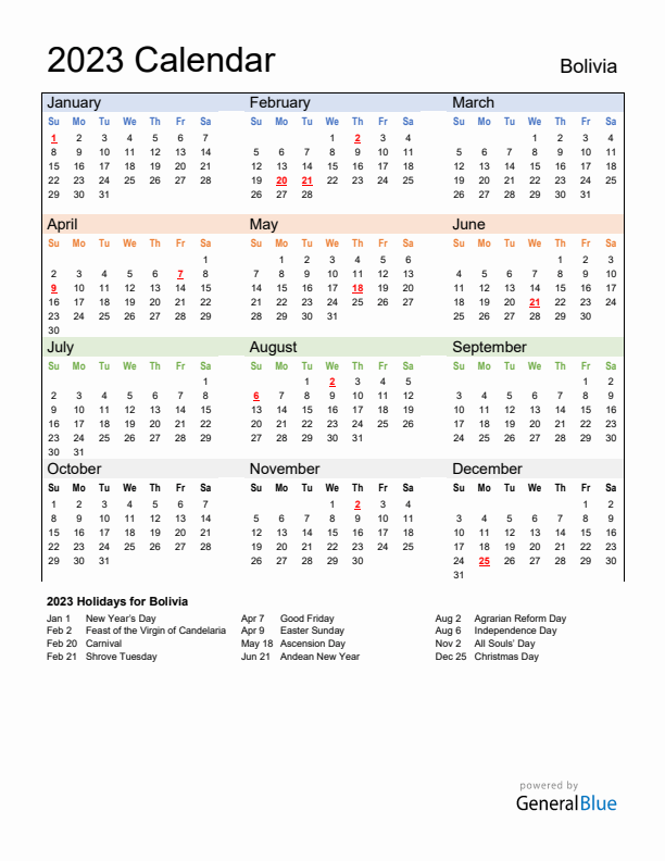 Bolivia calendar with holidays