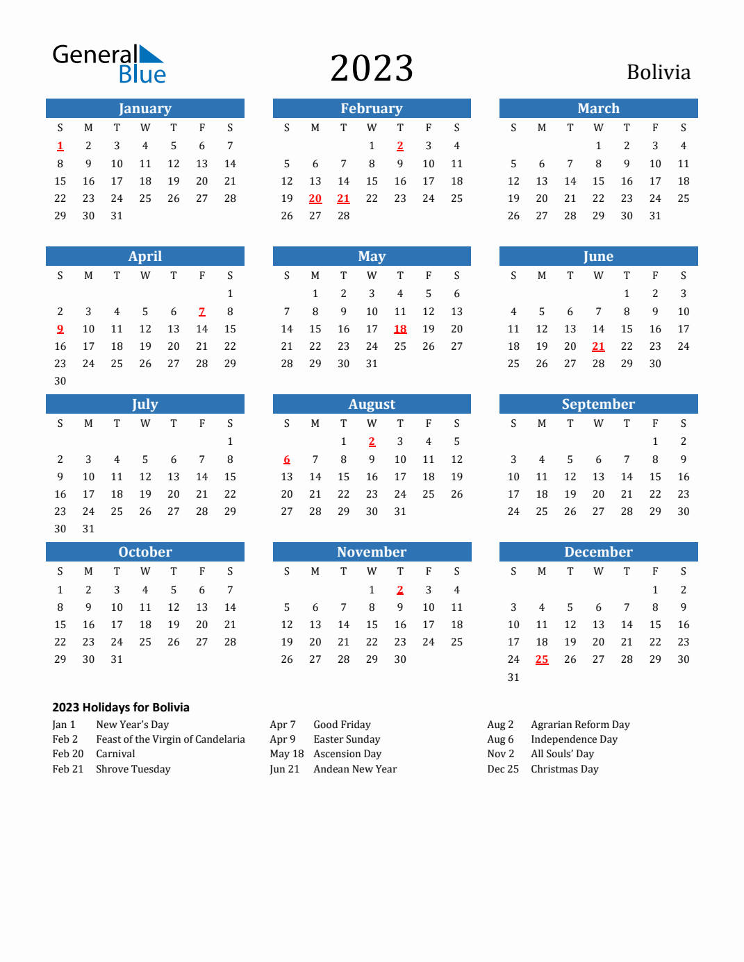 Bolivia calendar with holidays