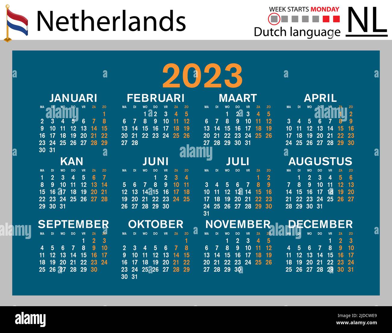 Dutch horizontal pocket calendar for two thousand twenty three week starts monday new year color simple design vector stock vector image art