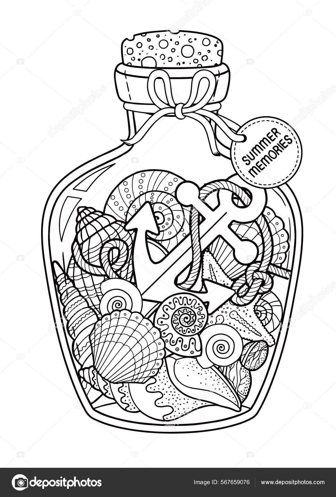 Vector black white coloring book page adult set seashell glass imagem vetorial de natasha