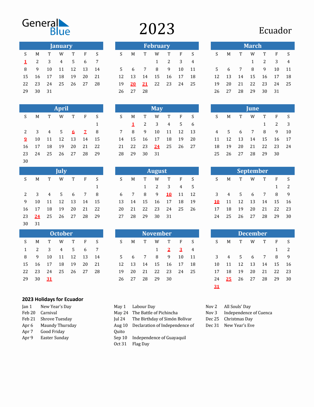 Ecuador calendar with holidays