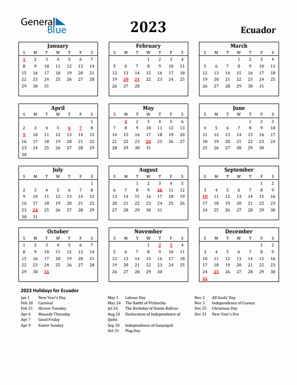 Ecuador calendar with holidays