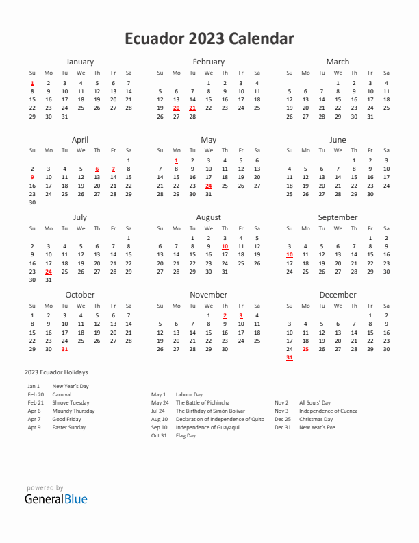 Ecuador calendar with holidays