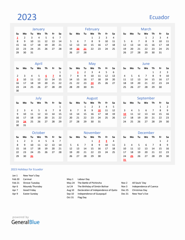 Ecuador calendar with holidays