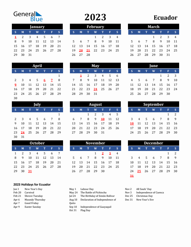 Ecuador calendar with holidays