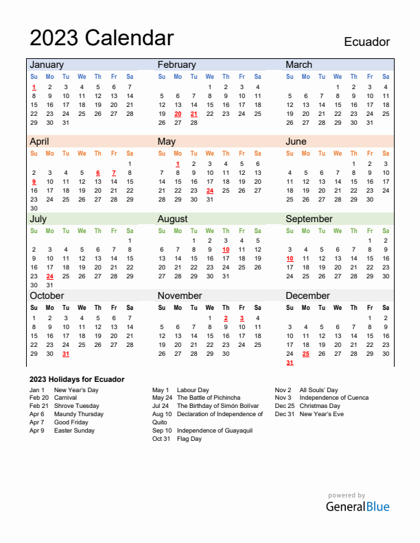 Ecuador calendar with holidays