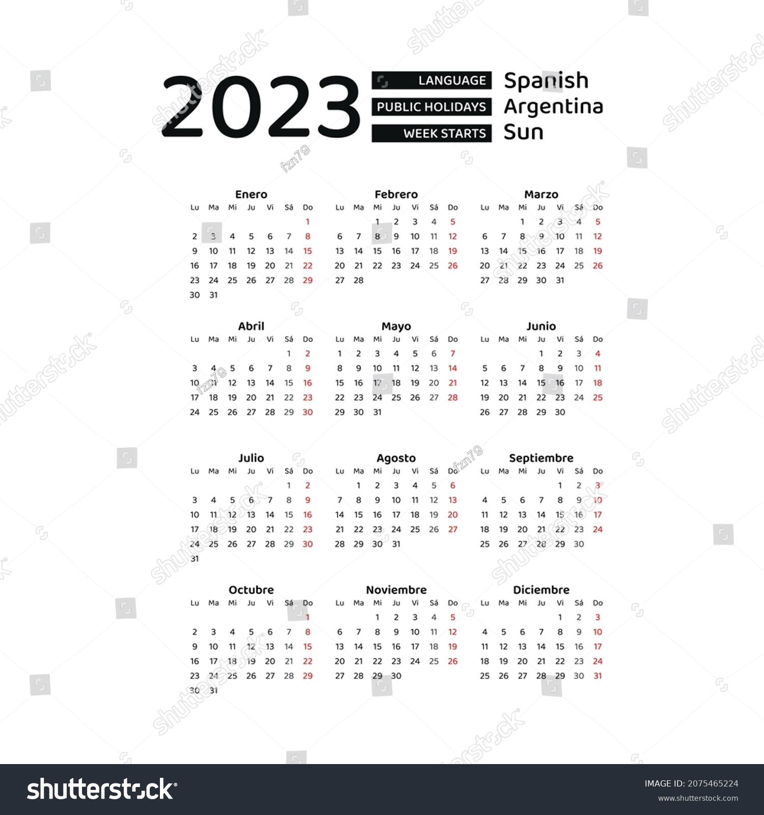 Calendar spanish language argentina public stock vector royalty free