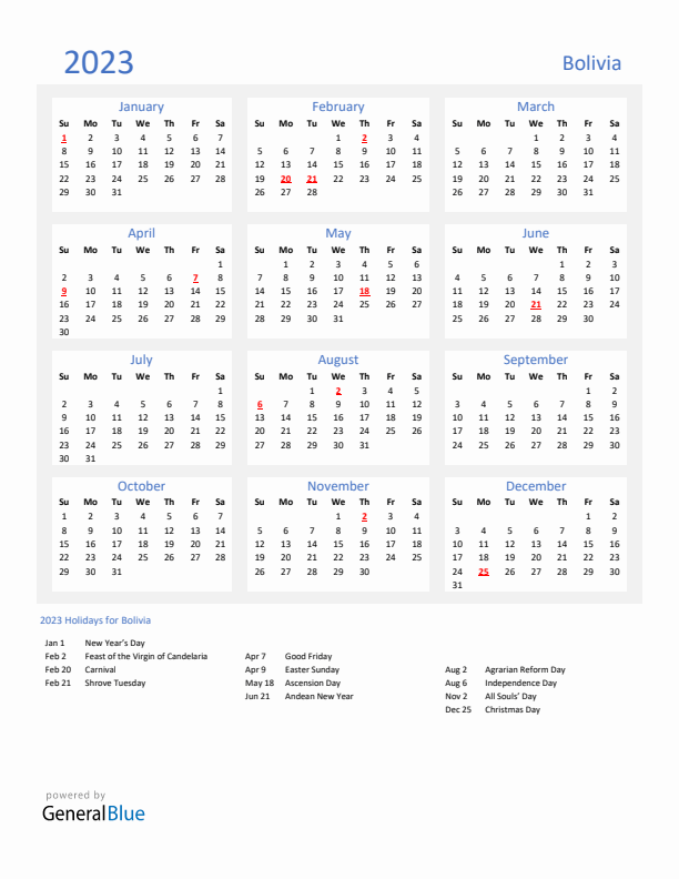 Bolivia calendar with holidays