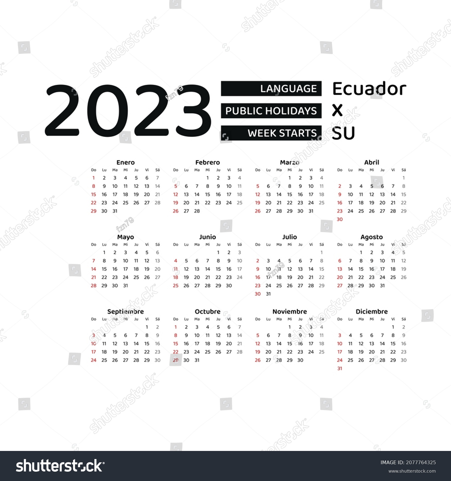 Ecuador calendar week starts sunday stock vector royalty free