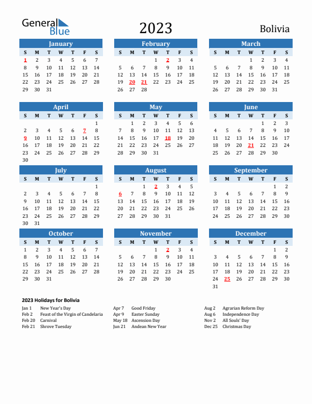 Bolivia calendar with holidays