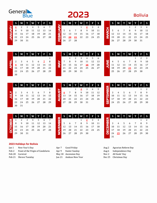 Bolivia calendar with holidays