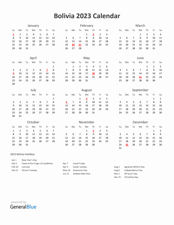 Bolivia calendar with holidays