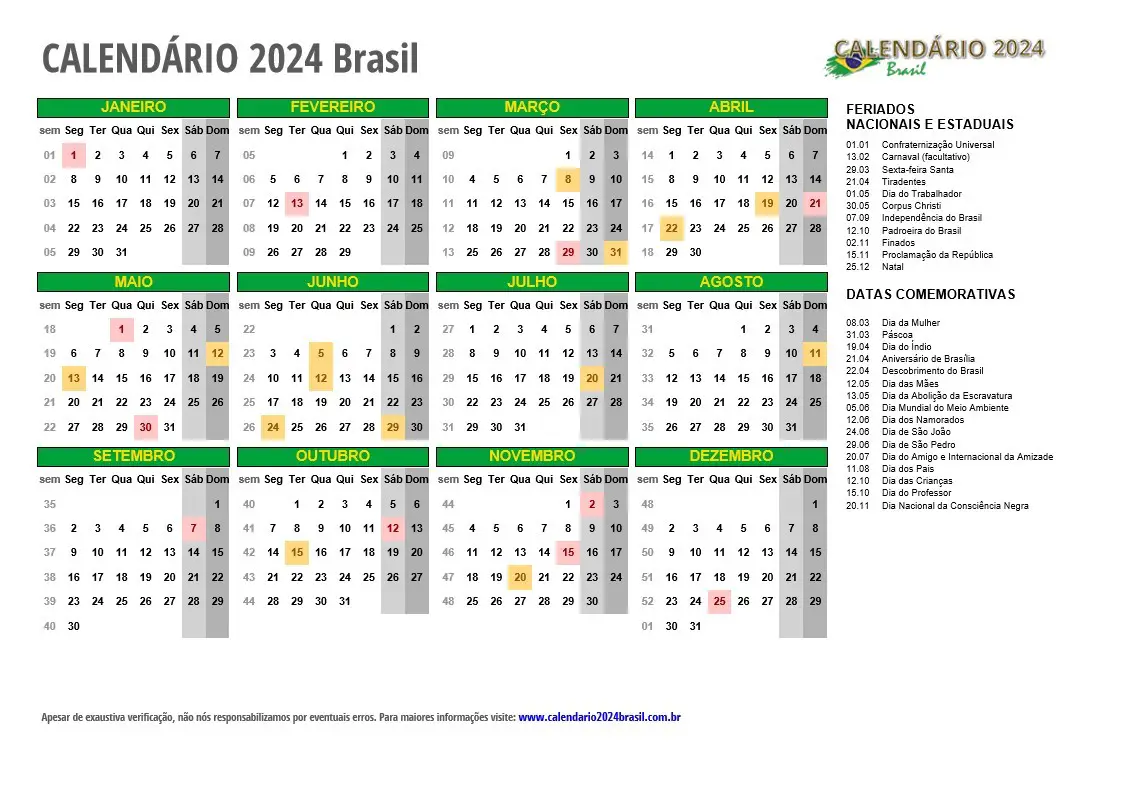 Calendãrio para imprimir feriados