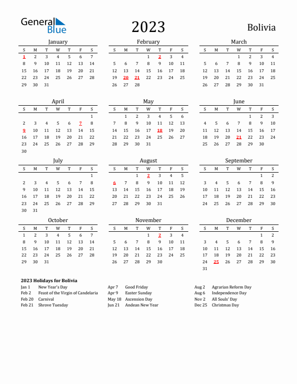 Bolivia calendar with holidays