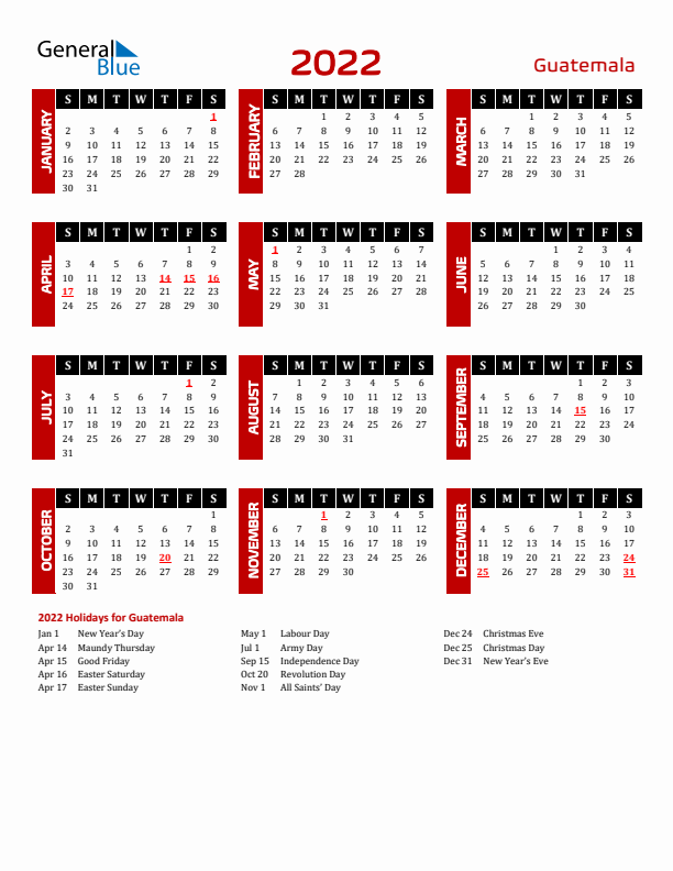 Guatemala calendar with holidays