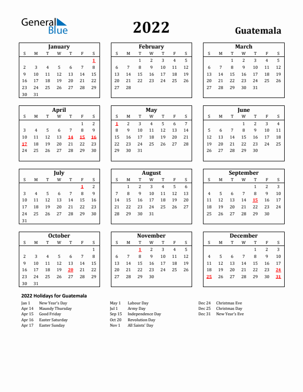 Guatemala calendar with holidays