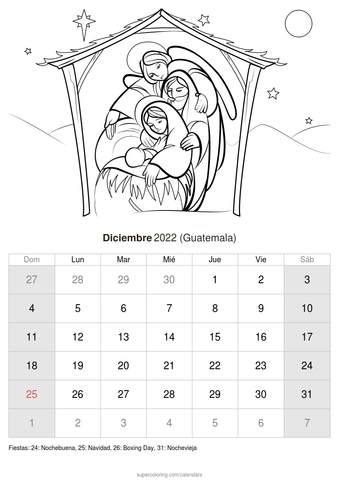 Calendario diciembre para imprimir guatemala