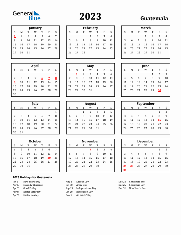 Guatemala calendar with holidays