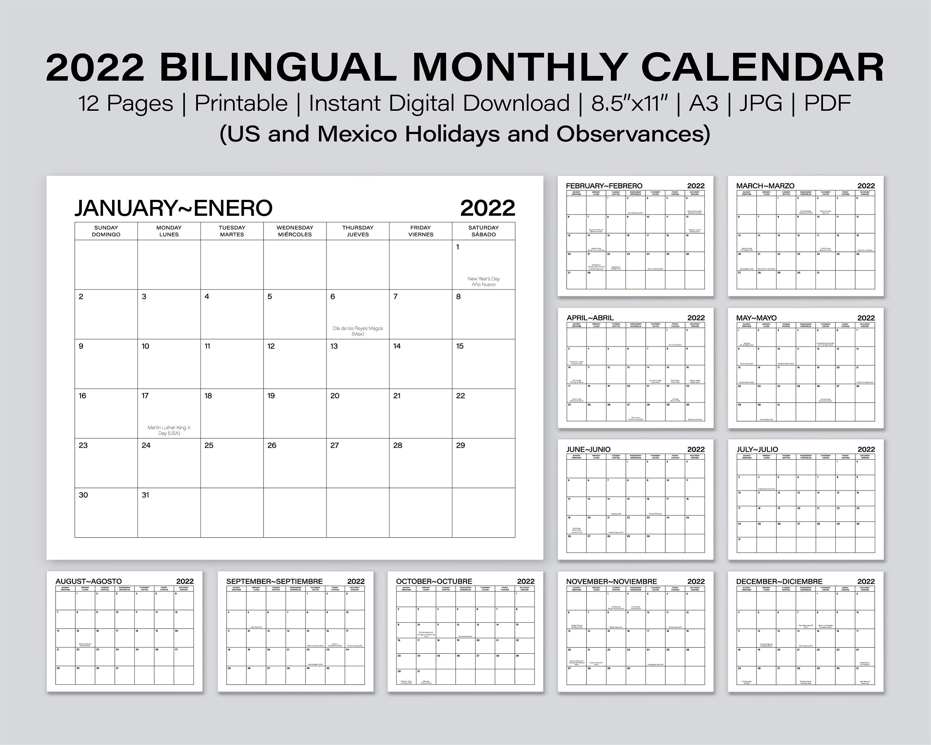 Printable bilingual monthly calendar calendario inglãs