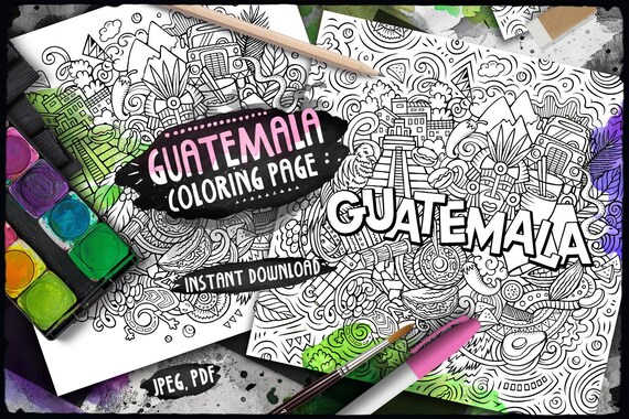 Guatemala digital coloring page maya culture travel adult coloring caribbean country doodles illustration printable coloring sheet pdf instant download