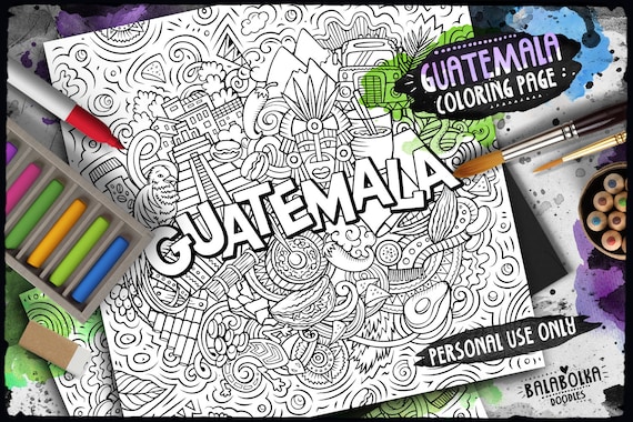 Guatemala digital coloring page maya culture travel adult coloring caribbean country doodles illustration printable coloring sheet pdf instant download