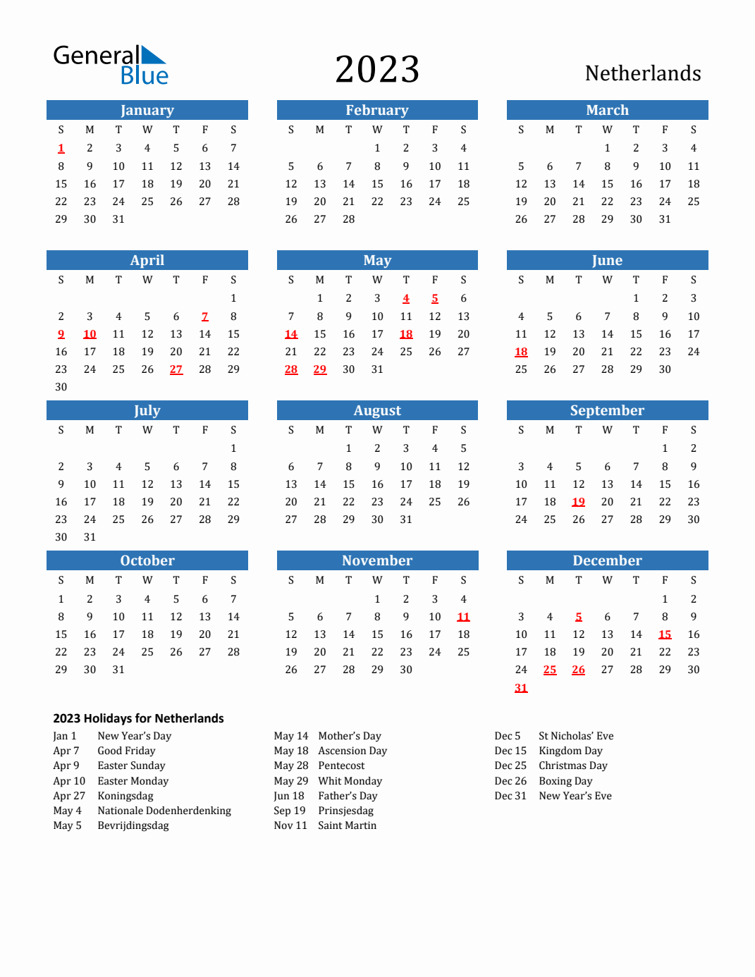 Netherlands calendar with holidays