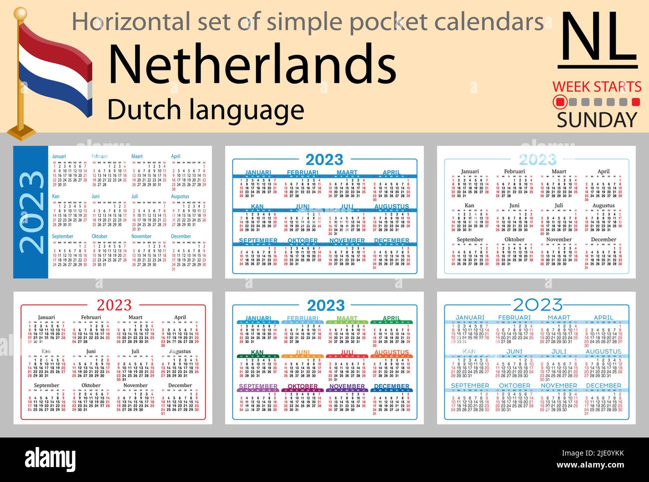 Dutch horizontal pocket calendar for two thousand twenty three week starts sunday new year color simple design vector stock vector image art