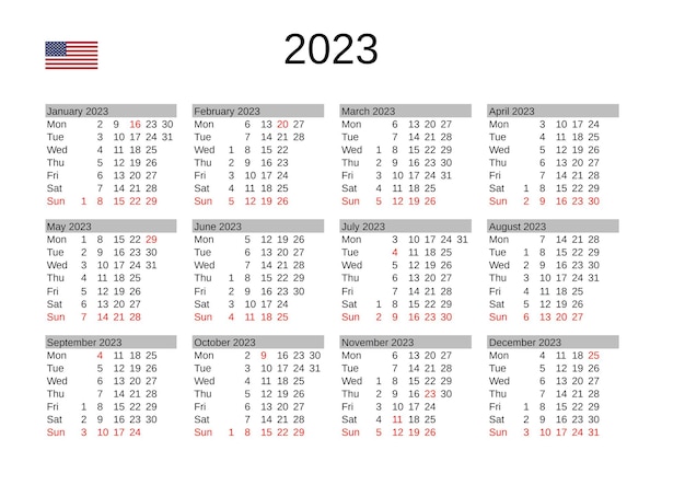 Calendãrio do ano em inglãªs feriados nos estados unidos vetor premium