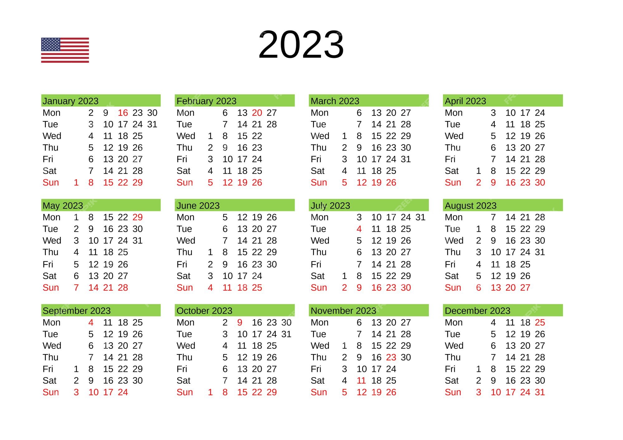 Calendãrio do ano em inglãªs feriados nos estados unidos vetor premium