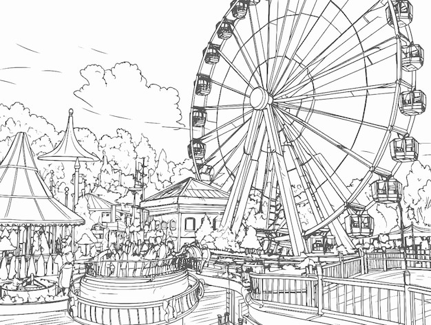 Premium vector amusement park with ferris wheel coloring book for kids easy drawing clean