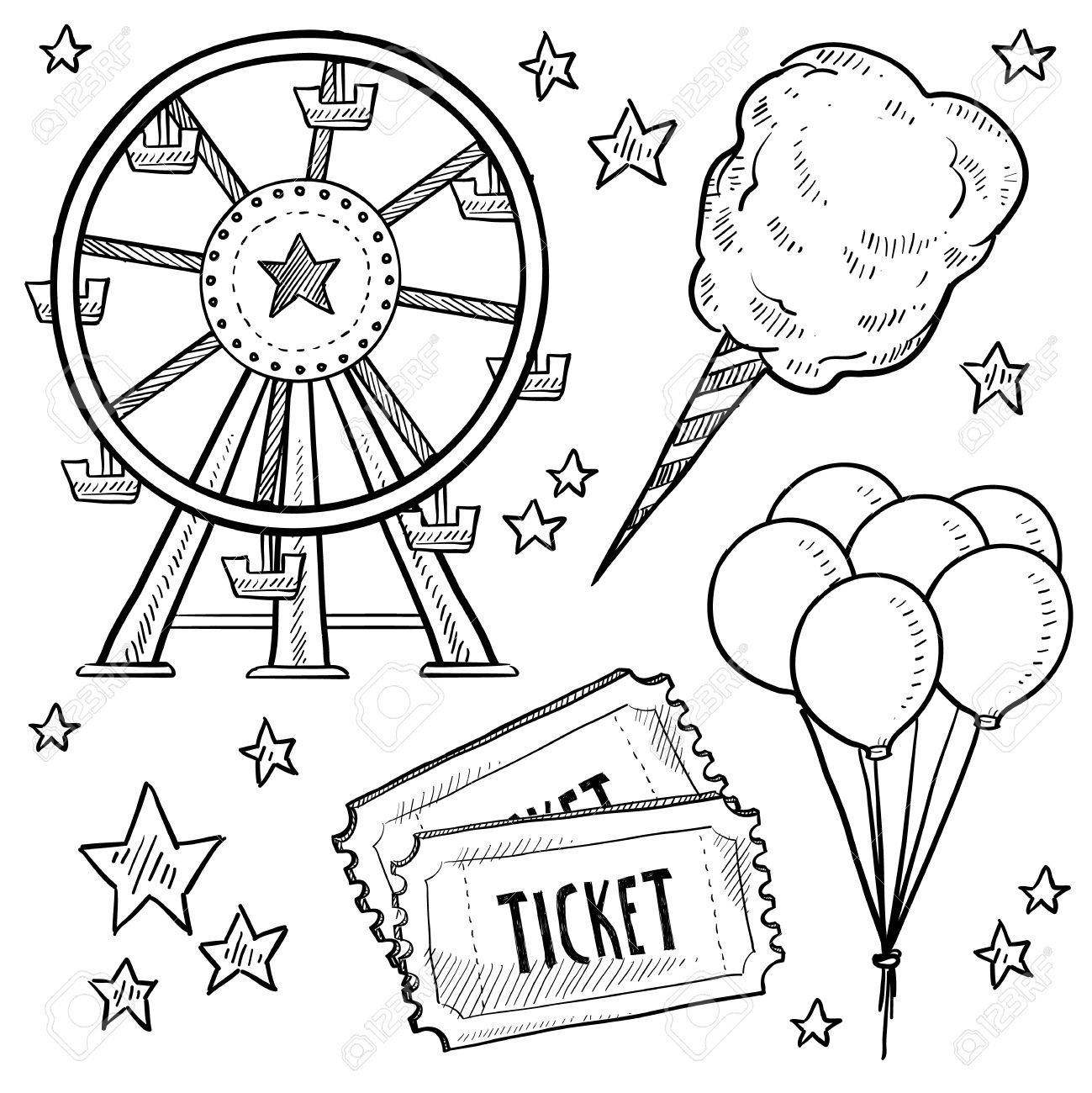 Doodle style amusement park or carnival equipment sketch in vector format includes cotton candy ferris wheel balloons and ticket stock photo picture and royalty free image image