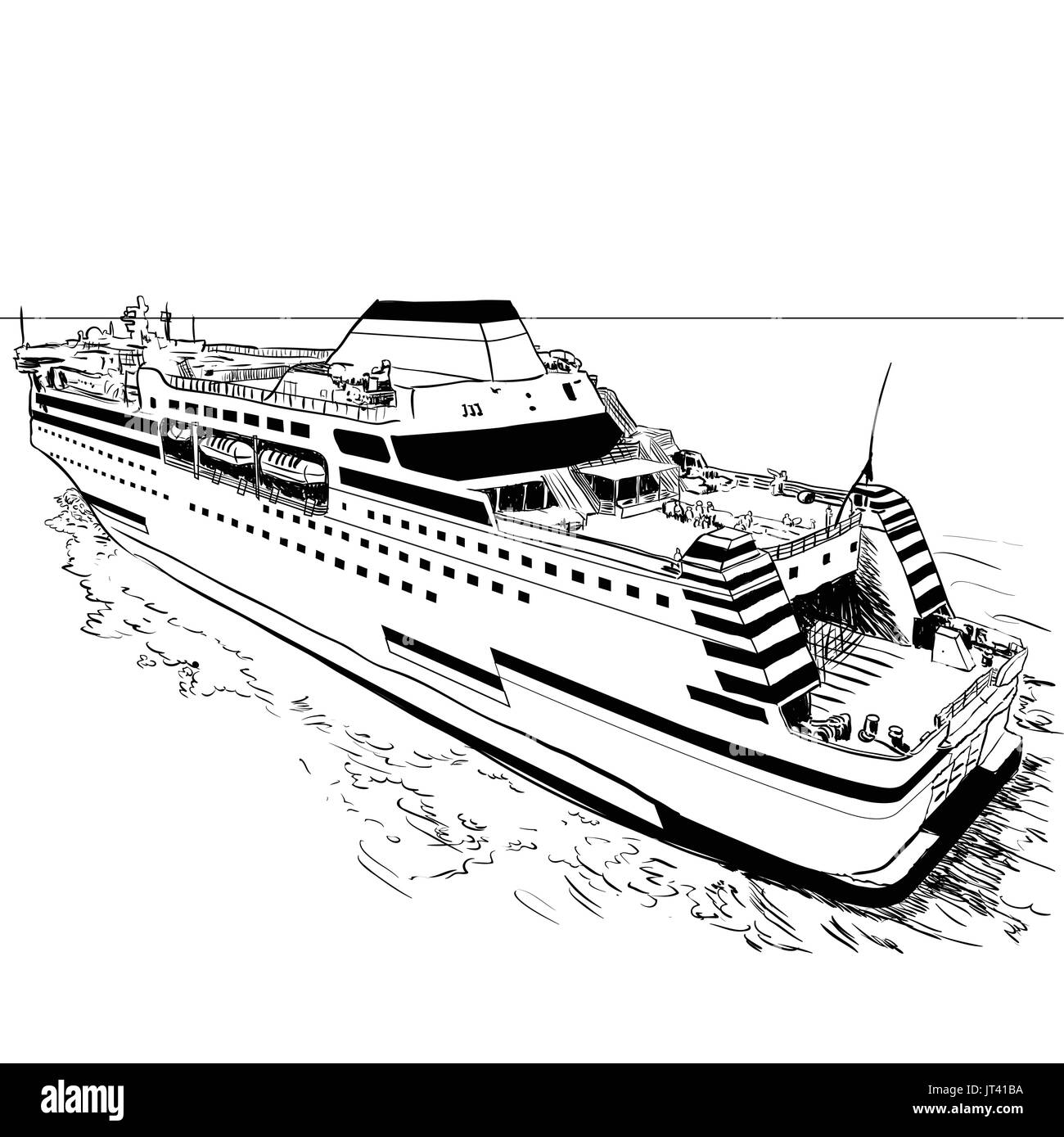 Hand drawn sketch of ferry black and white simple line vector illustration for coloring book