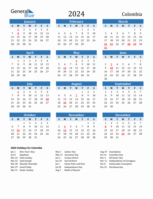 Colombia calendar with holidays