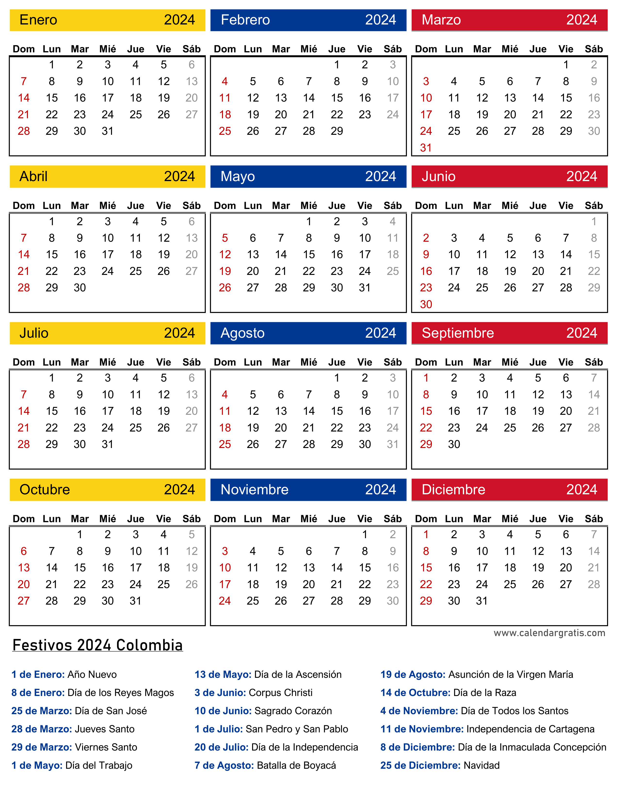 Calendario colombia con festivos para imprimir