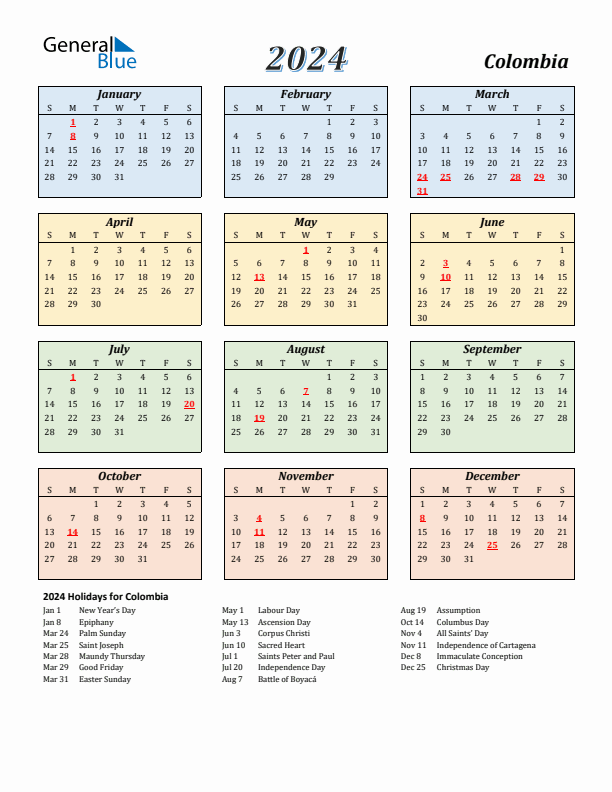 Colombia calendar with holidays