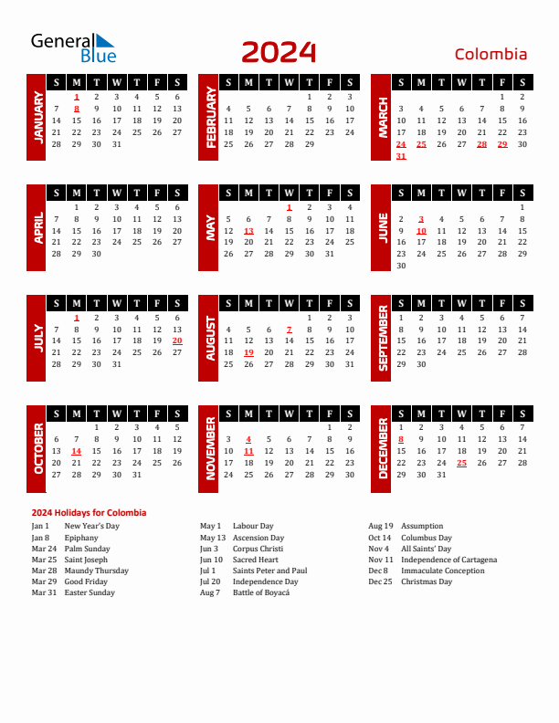 Colombia calendar with holidays