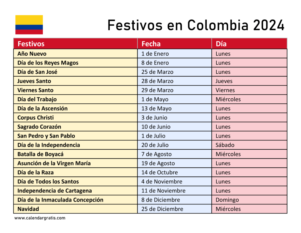 Calendario colombia con festivos para imprimir