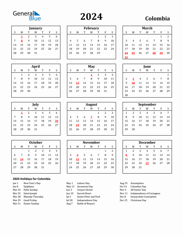 Colombia calendar with holidays